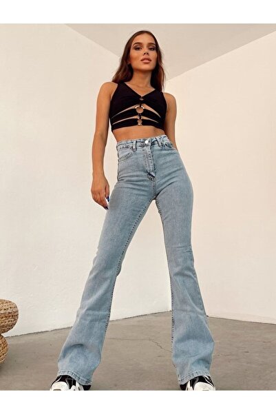 Trn JNS Linda Gold Solmayan Mavi Açık Kar Yüksek Bel Ispanyol Jeans ( Extra R...