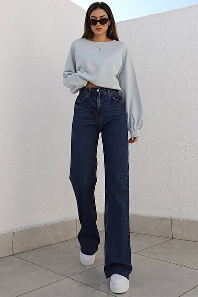 Livik Dark Blue Lycra Super High Waist Loose Jean Trousers. (super High.) Wid...