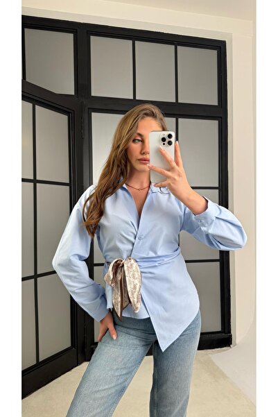 Gaus Mavi Bel Bağlama Detaylı Fularlı Tasarım Gömlek GAUS-01173