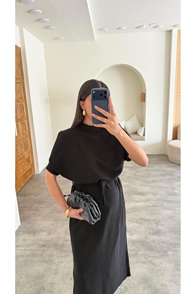 Gaus Siyah Kuşaklı Triko Midi Elbise GAUS-01169