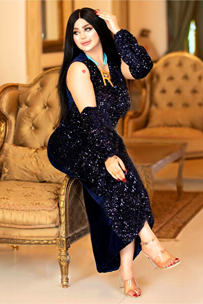 AsrymShop فستان شتوي قطيفة خفيفة ملمع كحلي