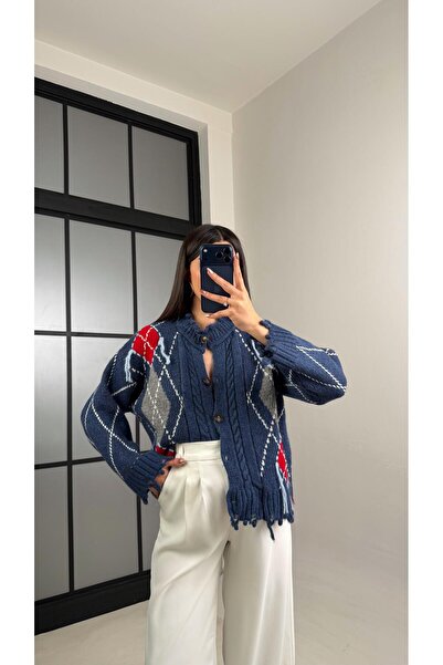 Gaus Lacivert Baklava Desenli Saçaklı Hırka GAUS-01125