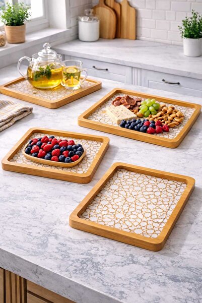 AKG 3 lü Ahşap Sunum & Servis Tahta ve Tepsisi