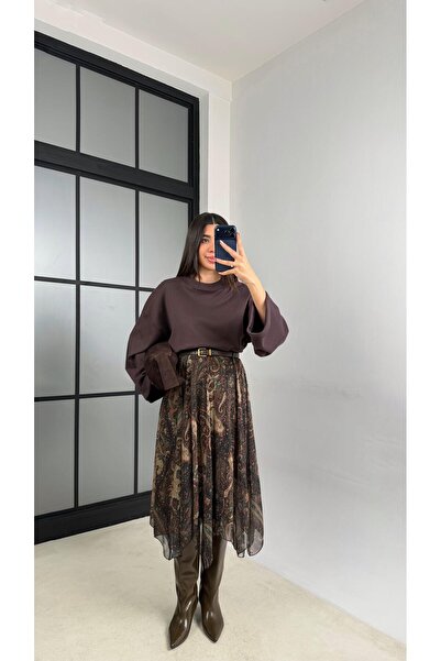 Gaus Yeşil Etnik Desenli Beli Lastikli Astarlı Tül Etek GAUS-01133 GAUS-01142