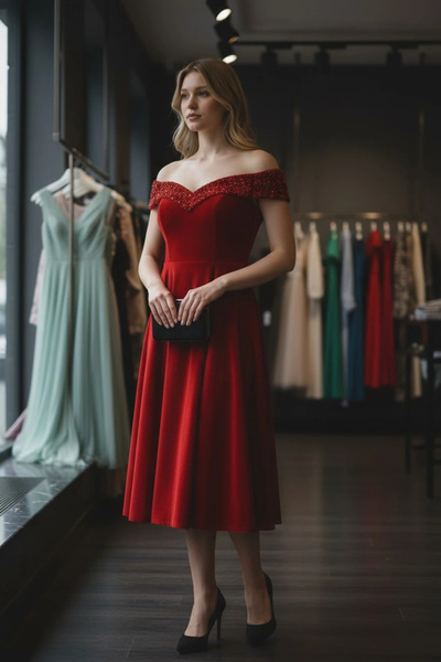 modayiğit 40 beden kırmızı taş detaylı kadın abiye elbise