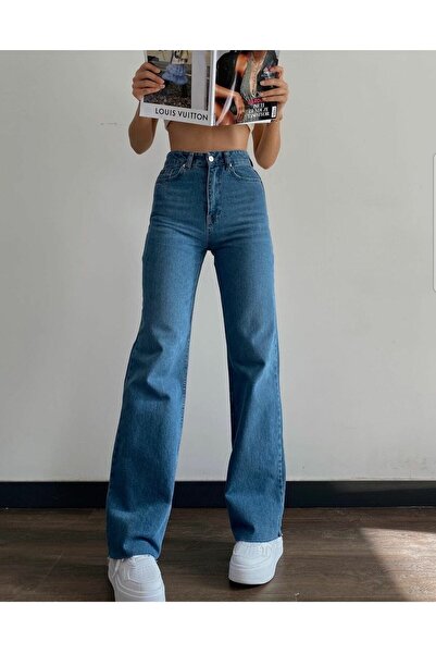 NWD Scool Blue Lycra Super High Waist Loose Jean Trousers. (super High.) Wide...