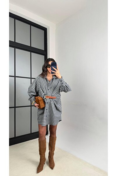 Gaus Yeşil Ekose Desenli Kemerli Tasarım Elbise GAUS-01162