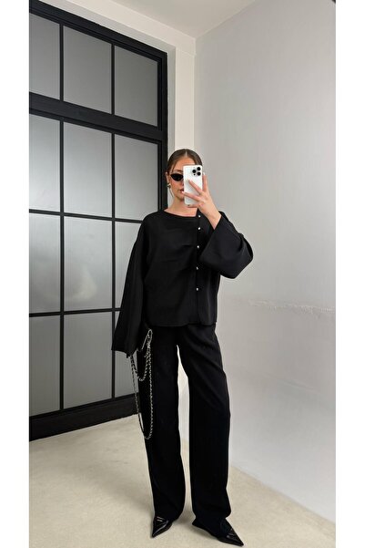 Gaus Siyah Asimetrik Yaka Yan Düğme Detaylı Gömlek Beli Lastikli Pantolon Ten...