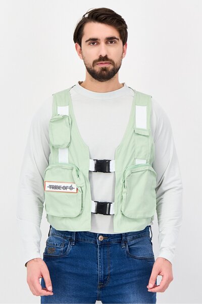 Tribe of 6 Men Embroidered Logo Vest Jacket, Mint Green