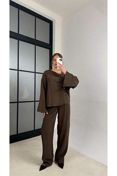 Gaus Acı Kahve Asimetrik Yaka Yan Düğme Detaylı Gömlek Beli Lastikli Pantolon...