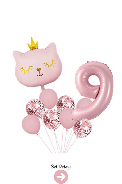 Bunloon 9 Yaş Retro Pembe Kedi Konfeti Temalı Balon Set Dekoru