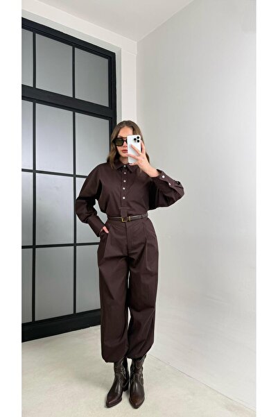 Gaus Acı Kahve Gömlek Paça Lastikli Pantolon İkili Takım GAUS-01114