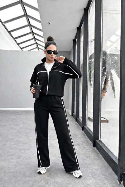 BARLİZ Women's New Design White Striped Bomber Jacket Loose 3 Thread Bottom-T...