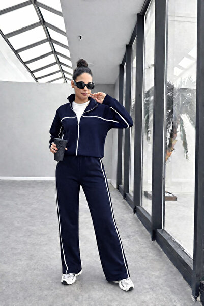 BARLİZ Women's New Design White Striped Bomber Jacket Loose 3 Thread Bottom-T...