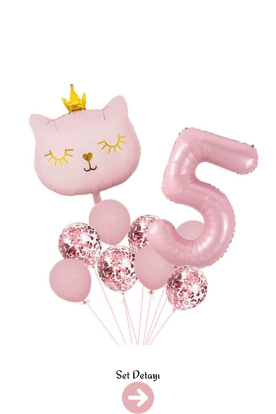 Bunloon 5 Yaş Retro Pembe Kedi Konfeti Temalı Balon Set Dekoru