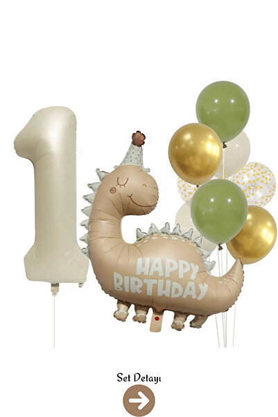 Bunloon 1 Yaş Retro Dinozor Gold Konfeti Balon Set Dekoru