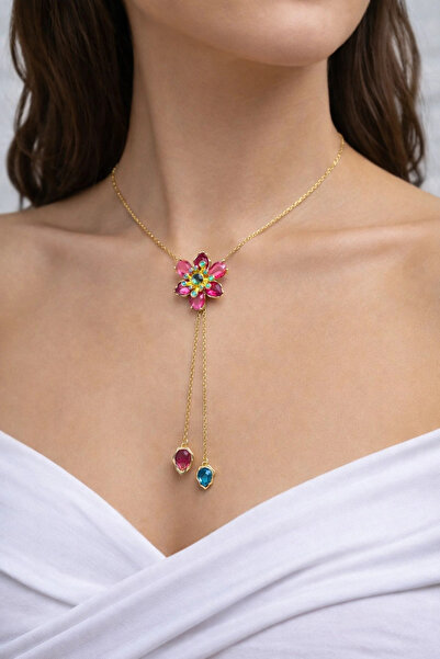 naaksesuar Gold Color Pink Stone Elevator Model Necklace