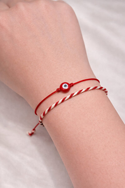 Femenino Red Glass Evil Eye Beaded Marteniçka Bracelet Set with Card