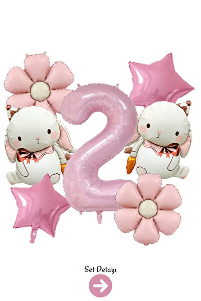 Bunloon 2 Yaş Pembe Rakam Tavşan Yıldız Çiçek Folyo Balon Set