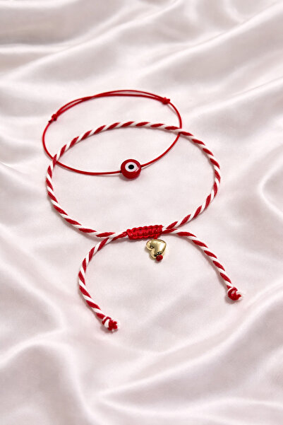 Femenino Red Evil Eye Bead and Gold Heart Detailed Marteniçka Set with Card -...