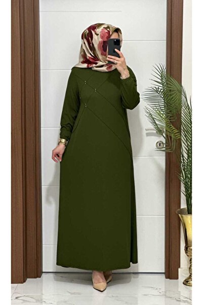 MODA ALMİRA F10 K 80 HAKİ ÇAPRAZ ÇIMALI TAŞLI ELBİSE