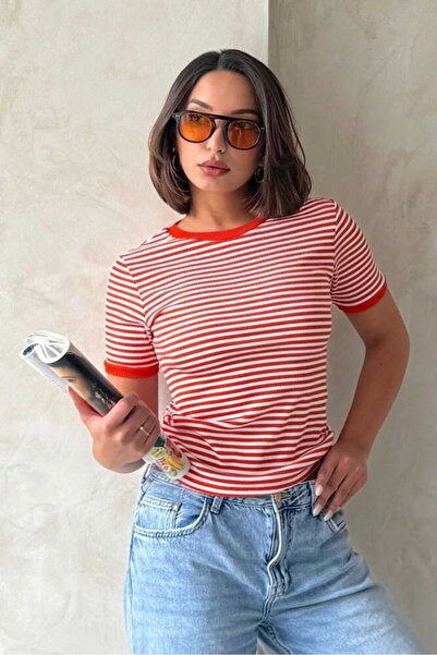 Caddebostan Moda Women's Striped Crew Neck Short Sleeve Slim Fit Knitted T-Shirt