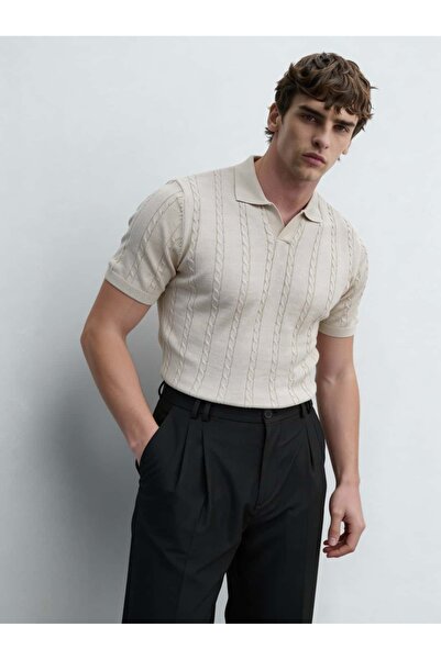 Atelier Old Money Örgü Detaylı Krem Polo Yaka T-shirt SS7034