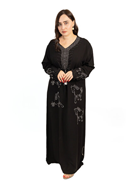 LINELLE Black Jalabiya with Tassel & Horse Pattern Stone Detailing