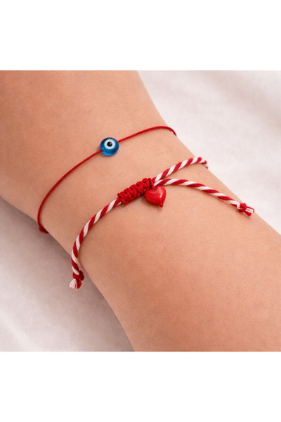 Femenino Blue Glass Evil Eye Bead and Red Heart Detailed Marteniçka Set with ...