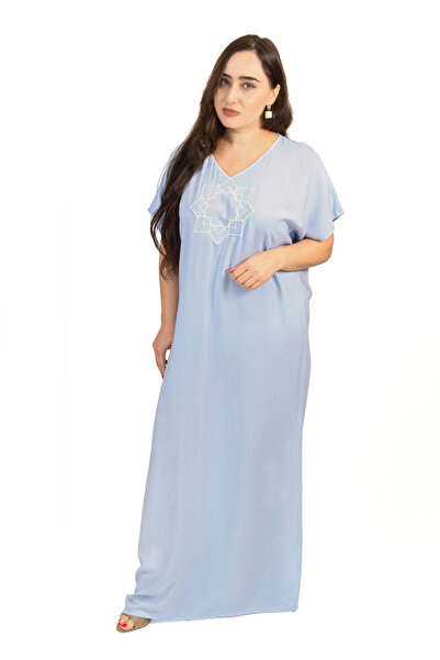 LINELLE جلابية زرقاء رمادية بياقة على شكل حرف V مطرزة