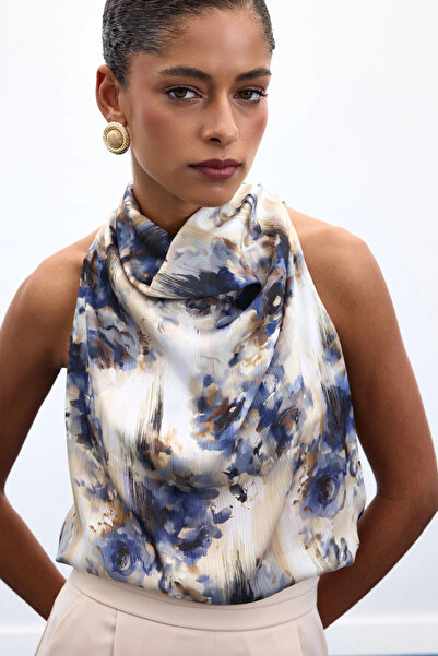 Sateen Draped Halter Neck Patterned Blouse - Indigo