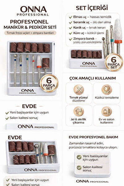 ONNA PROFESSIONAL Profesyonel Manikür Pedikür Seti – 6 Parça Tırnak Freze Ucu...