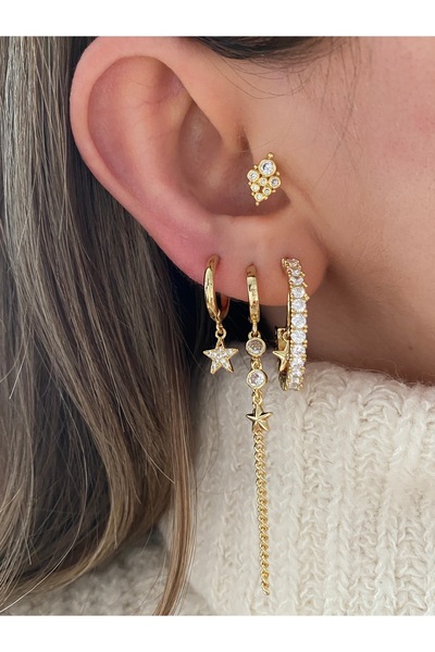 Pinery Jewels Yıldız Halka Sıralı Zirkon Taşlı Kadın 3'lü Küpe Seti PJ