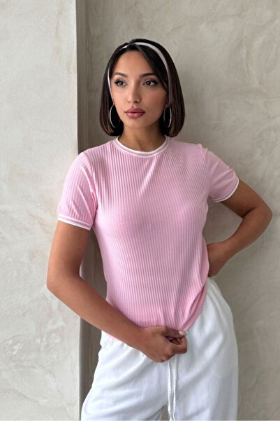 Caddebostan Moda Women's Crew Neck Ribbed Camisole Short Sleeve Slim Fit Basi...