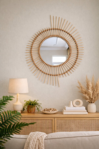 BOHEM Çubuklu Duvar Aynası 60 cm | El Yapımı Güneş Form Ahşap Dekoratif Salon...