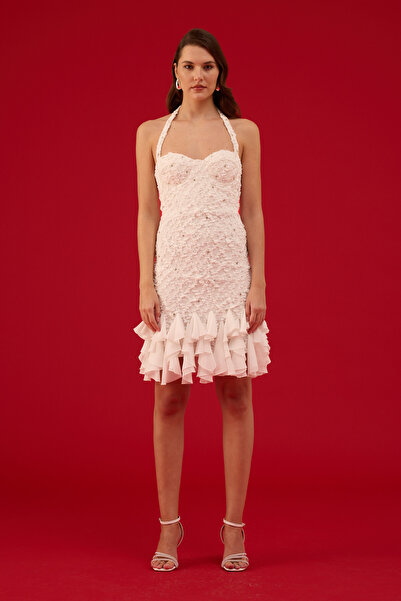 Carmen White Stone and Pearl Embellished Knitted after Party Dress