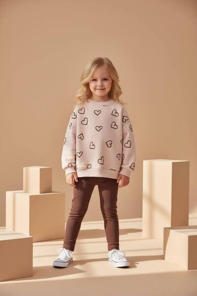 MODA Girl's Heart Patterned Top and Bottom Set - Beige Sweatshirt & Brown Leg...