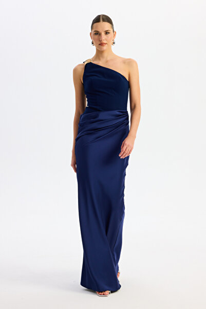 Carmen Navy Blue Crepe Top and Satin Bottom Evening Dress