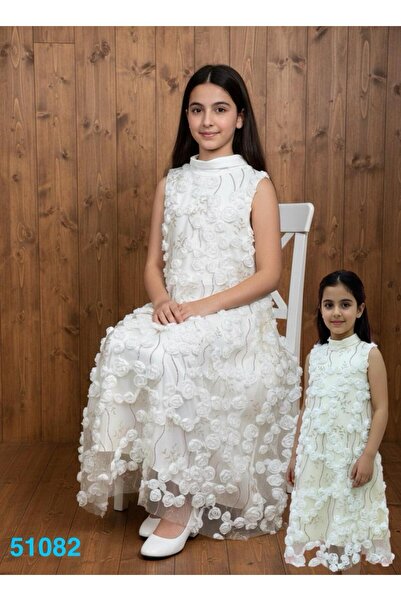 Rawai Roma فستان بناتي أبيض بتطريز ورود بارزة للمناسبات