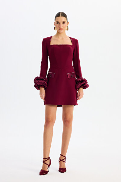 Carmen Bordo Kare Yaka Uzun Kollu Krep Abiye Elbise