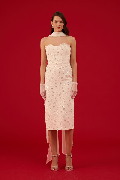 Carmen Bej Straplez Payetli Söz Elbisesi Nikah Elbisesi