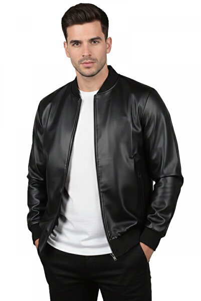 DeepSEA Black Back Patterned College Collar Slim Fit Faux Leather Men's Jacke...