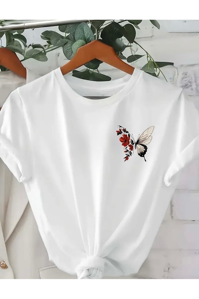 FUFLUNS تي شيرت نسائي كبير الحجم مطبوع عليه زهرة الفراشة