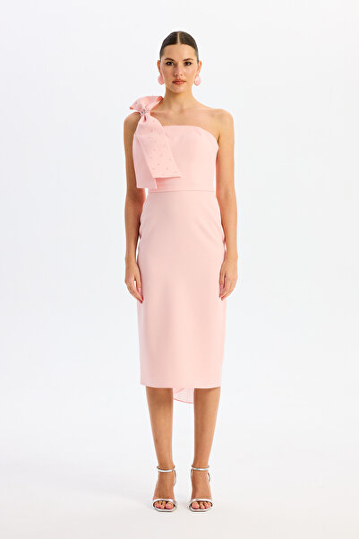 Carmen Pudra İşlemeli Tek Kol Krep Söz Elbisesi