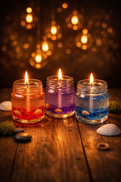 EDYAMUM El Yapımı 3’lü Deniz Kabuklu Jel Mum | Dekoratif Mum Seti|40cc