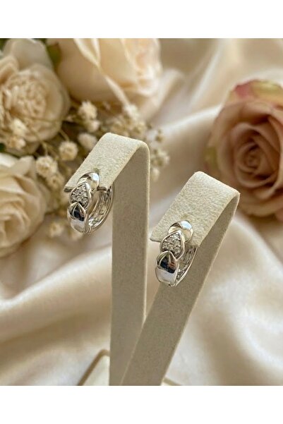 BEKLEMİN TAKILARI Silver Color Zircon Stone Heart Figured Hoop Earrings (Mini...