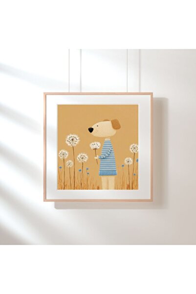 Cute Dog Dandelion Nursery Poster – Tablo Ölçülerinde Çerçevesiz Kare Çocuk Odası Duvar Dekoru