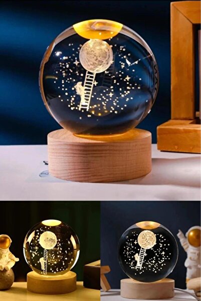 TeknoEser Astronot Ay Merdiveni Tasarımlı 3D Kristal Cam Küre Gece Lambası Iş...