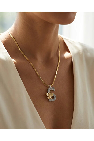 Dorvina 316L Kararmaz Çelik Renkli Zirkon Taşlı S Harfi Kolye Gold Renk Kadın...
