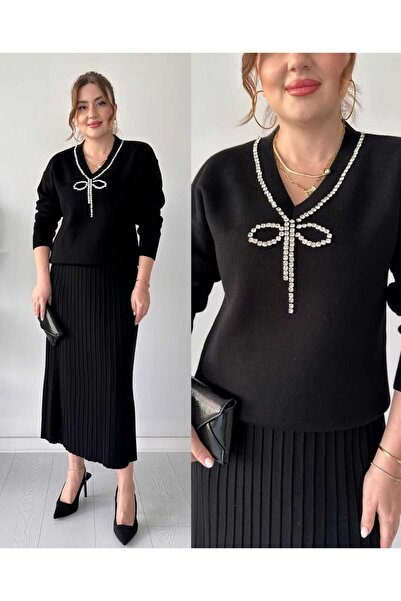 MODA VEDAT Women's Collar Stone Embroidered Skirted Knitwear Set -400